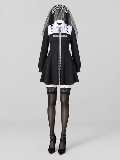 Gothic Dress Costume with Veil and Lace-Up Detail