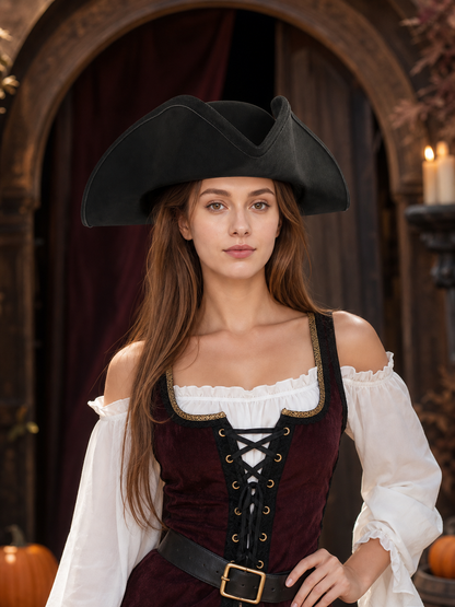 1pc Black Pirate Hat, Women's Three-Cornered Tricorn Costume Cap with Wide Curved Brim and Structured Crown for Cosplay, Halloween Parties and Themed Events