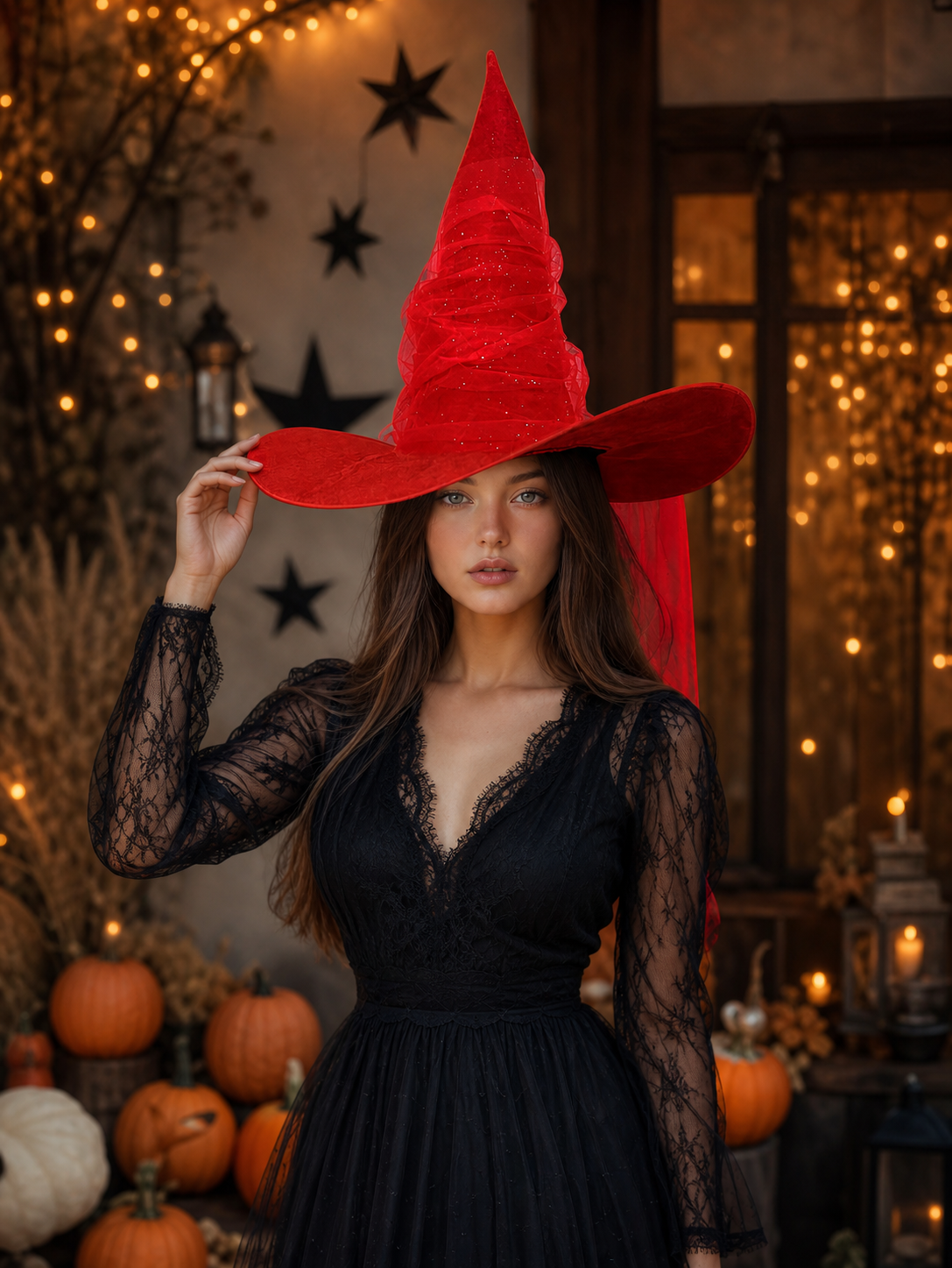 Red Halloween Witch Hat Tall Pointed Cone Wide Curved Brim Sheer Layered Glitter Speckled Costume Accessory for Parties and Photography