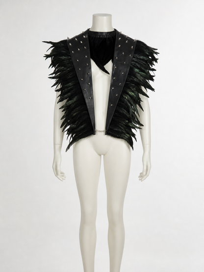 Front view of a black feathered cape collar on a mannequin, showing pointed studded leather lapels and a neck tie