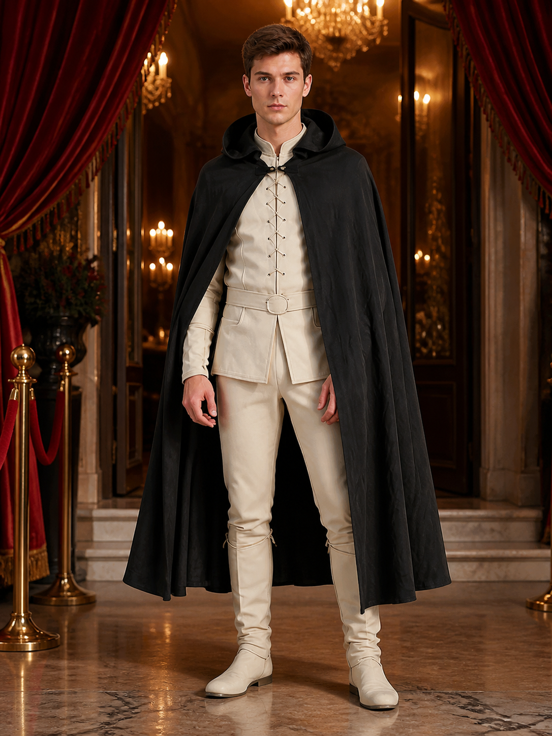 Black Long Hooded Cotton-Linen Cloak on-model view 2