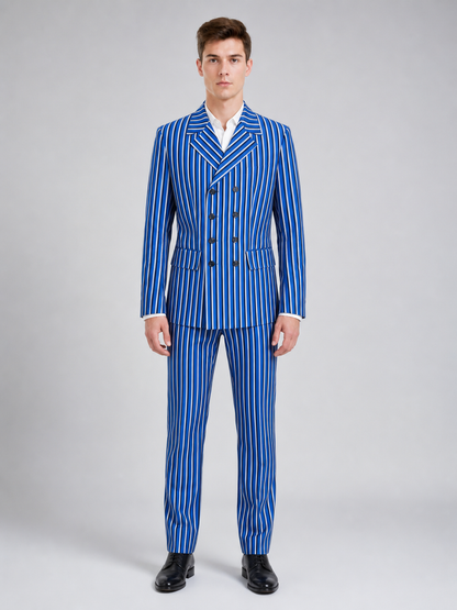The Doctor Who cosplay double-breasted suit is designed in a white-and-blue color scheme with vertical stripes. The set includes a jacket and pants made in the same design. The jacket features a double-breasted closure, peaked lapels, and f