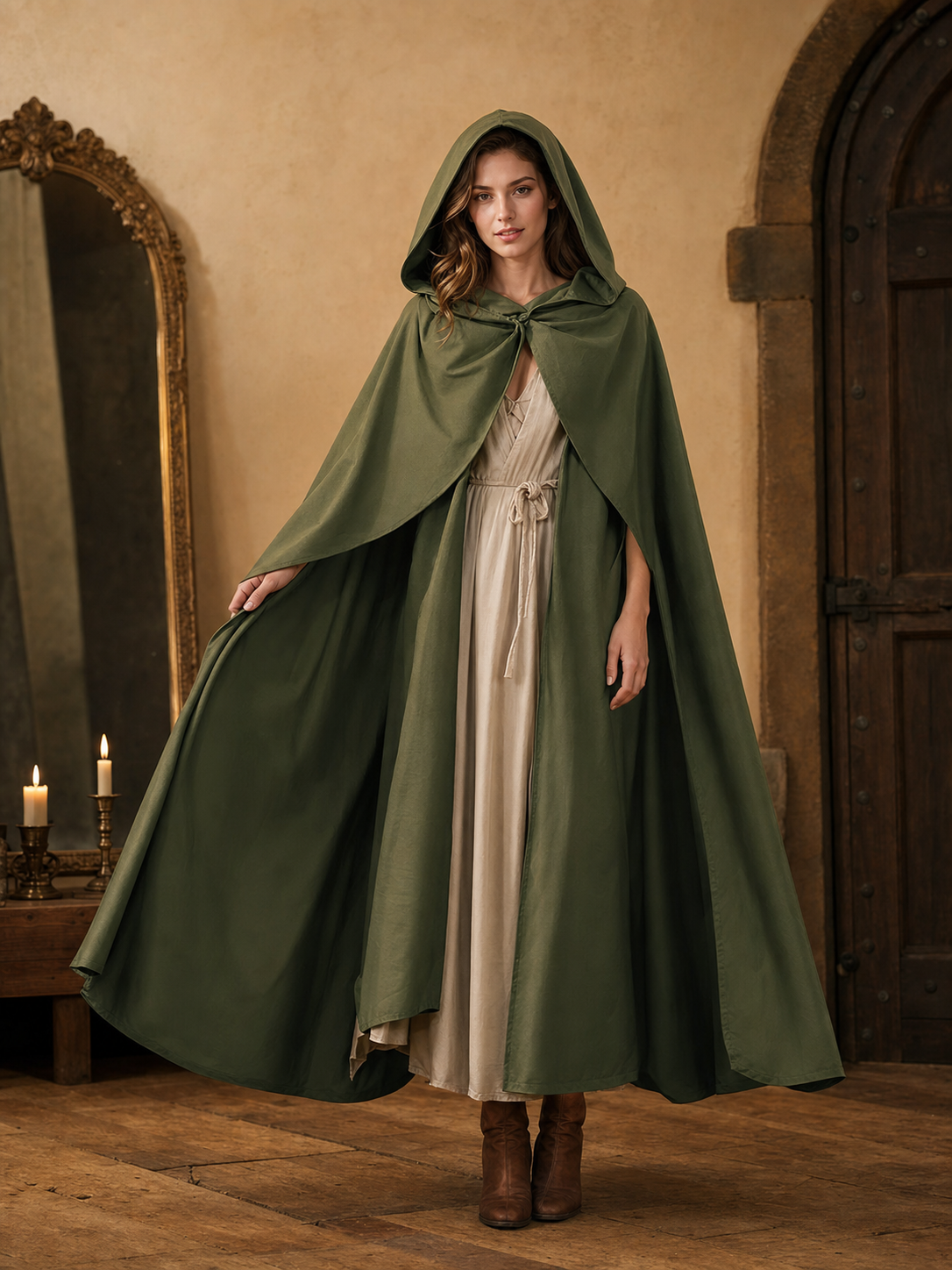 Medieval Hooded Cloak, Olive Green Full-Length Cape with Pointed Hood and Front Tie for Cosplay and Role-Playing