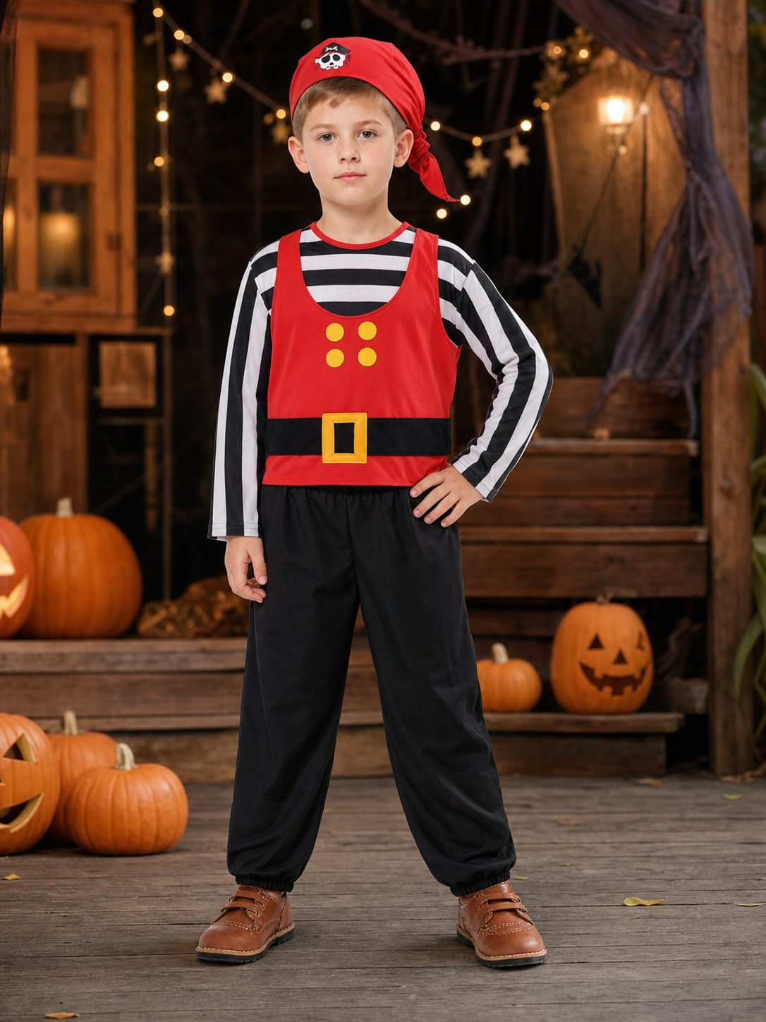Back view of a boy wearing a red pirate vest, striped sleeves, black pants and tied red headscarf