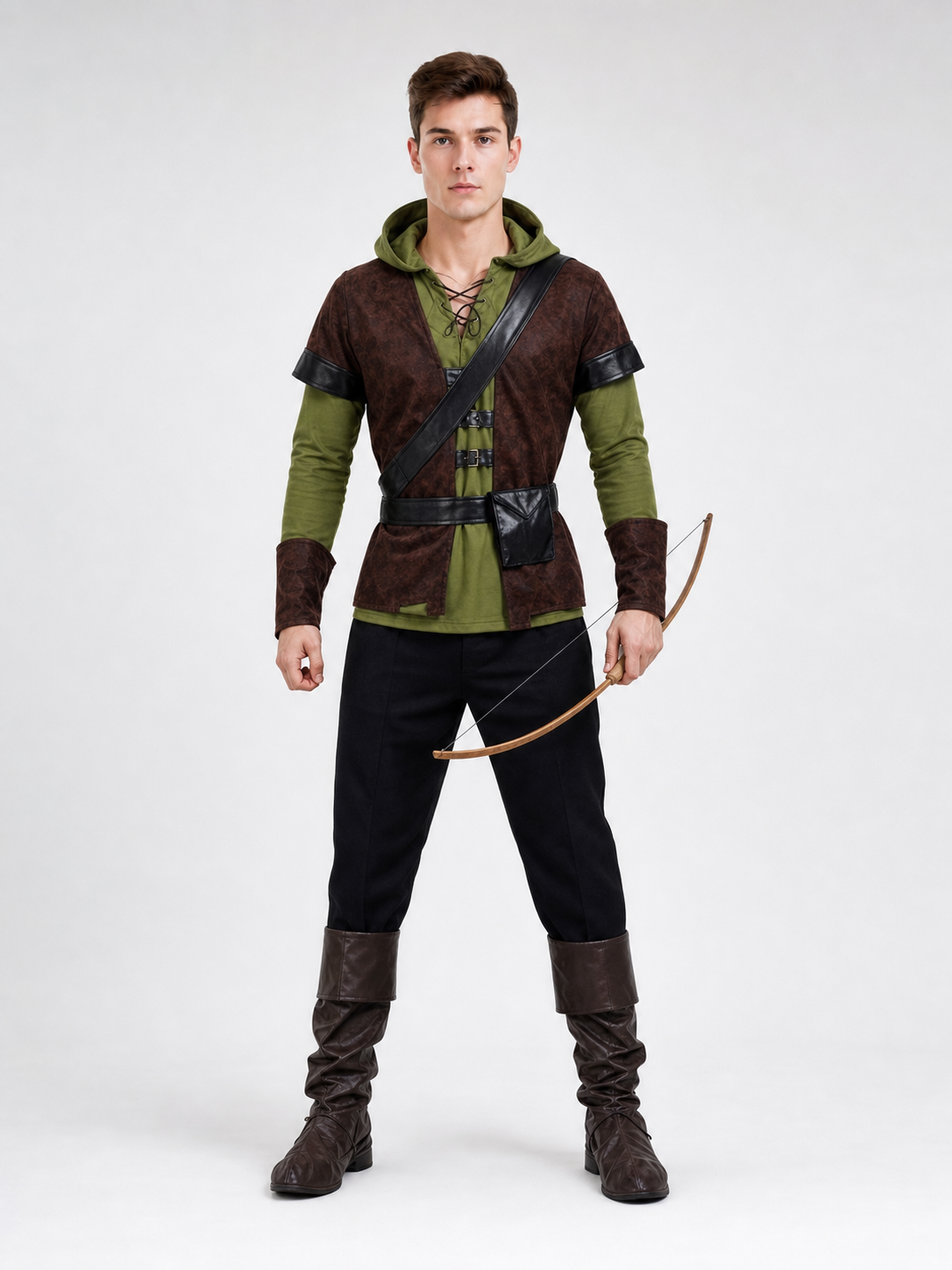 The costume is designed in the style of a medieval forest hero and is suitable for creating a distinctive look for a costume party, cosplay, Halloween, or a themed event. The set includes a complete costume look with a hooded top, lace-up n