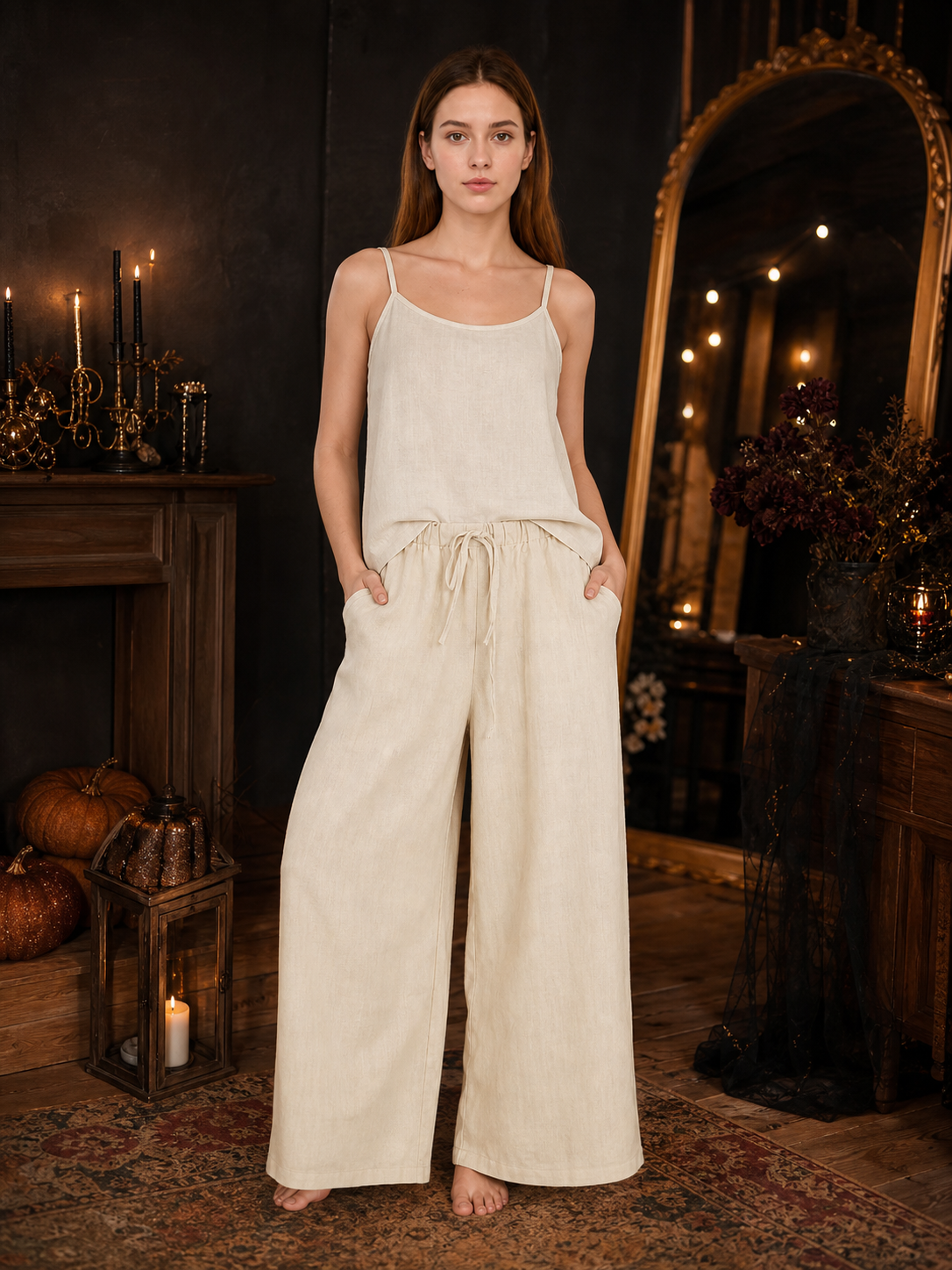 Beige Wide-Leg Pants with an Elastic Waistband and Drawstring on-model view 3