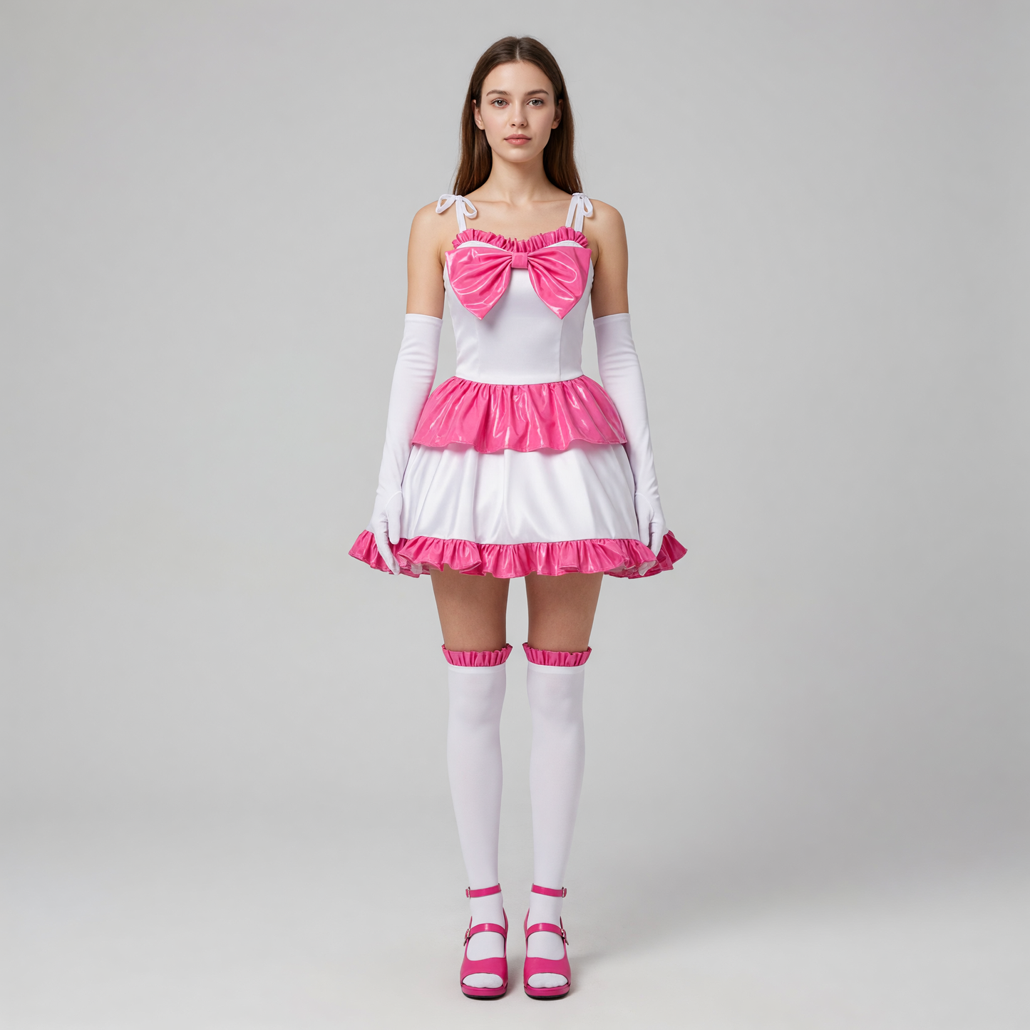White Mima cosplay dress with pink ruffles and a bow