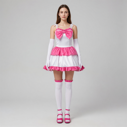 White Mima cosplay dress with pink ruffles and a bow