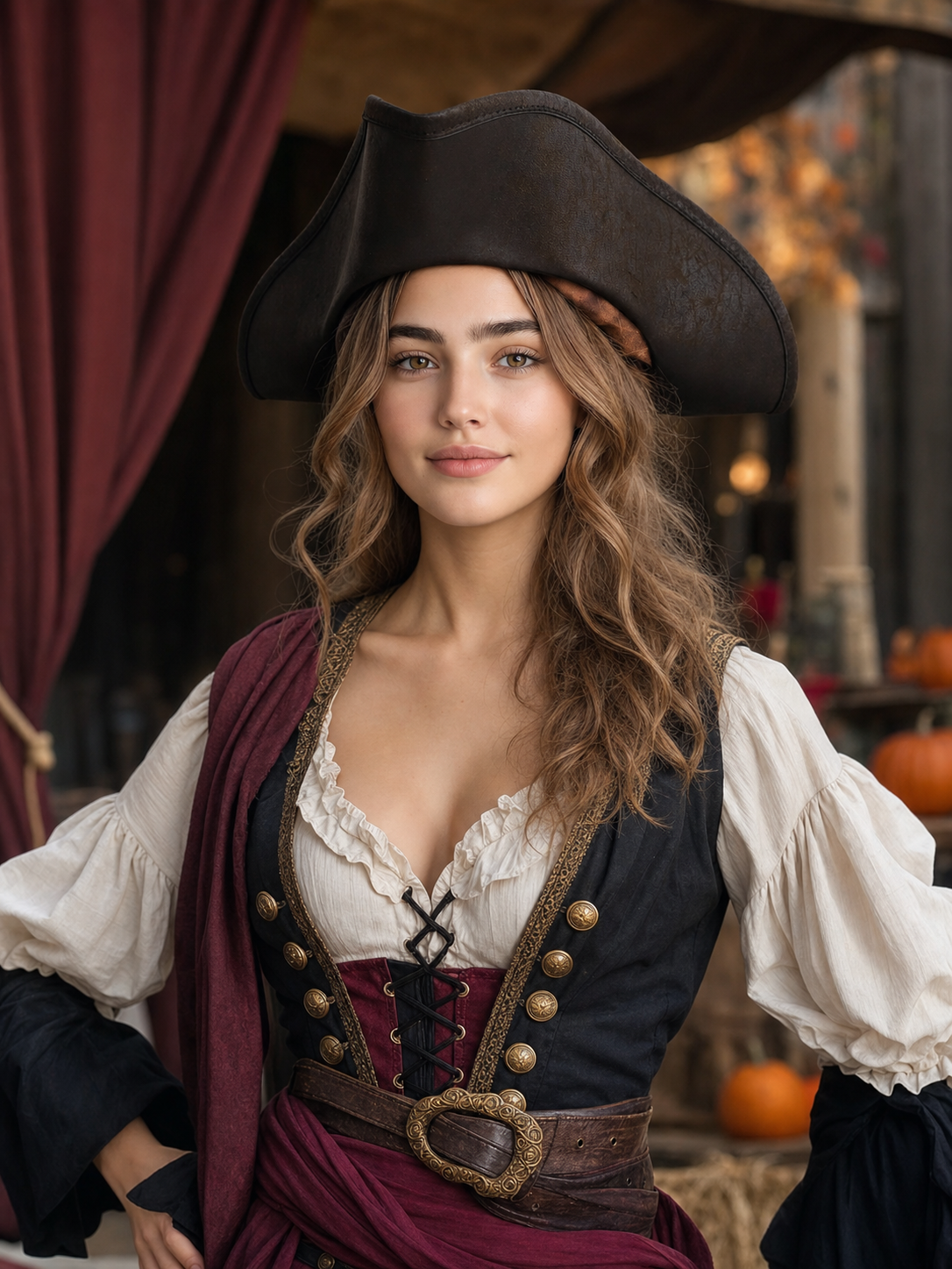 Women's Pirate Hat for Costume Parties, Cosplay and Themed Events, Tall Curved Crown, Wide Asymmetrical Brim, Dark Brown to Black Textured Design