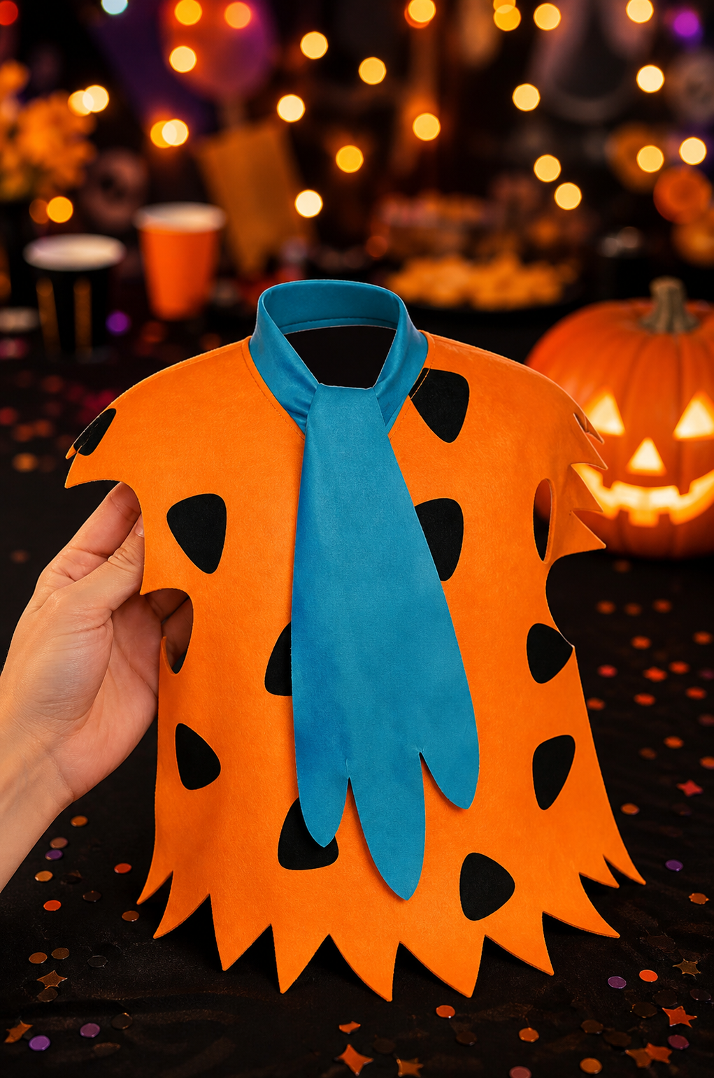 Orange Dress with Black Spots and Blue Accessory on-model view 5