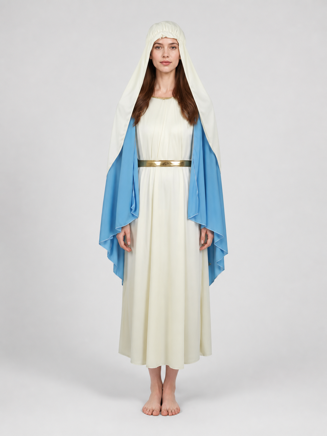 White robe and blue cape shown full-body on a model in a warmly lit interior with candles and autumn decorations