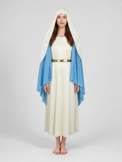 White robe and blue cape shown full-body on a model in a warmly lit interior with candles and autumn decorations