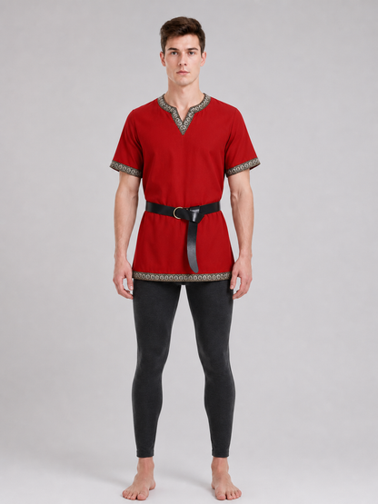 Red Tunic with Belt and Medieval-Style Trim