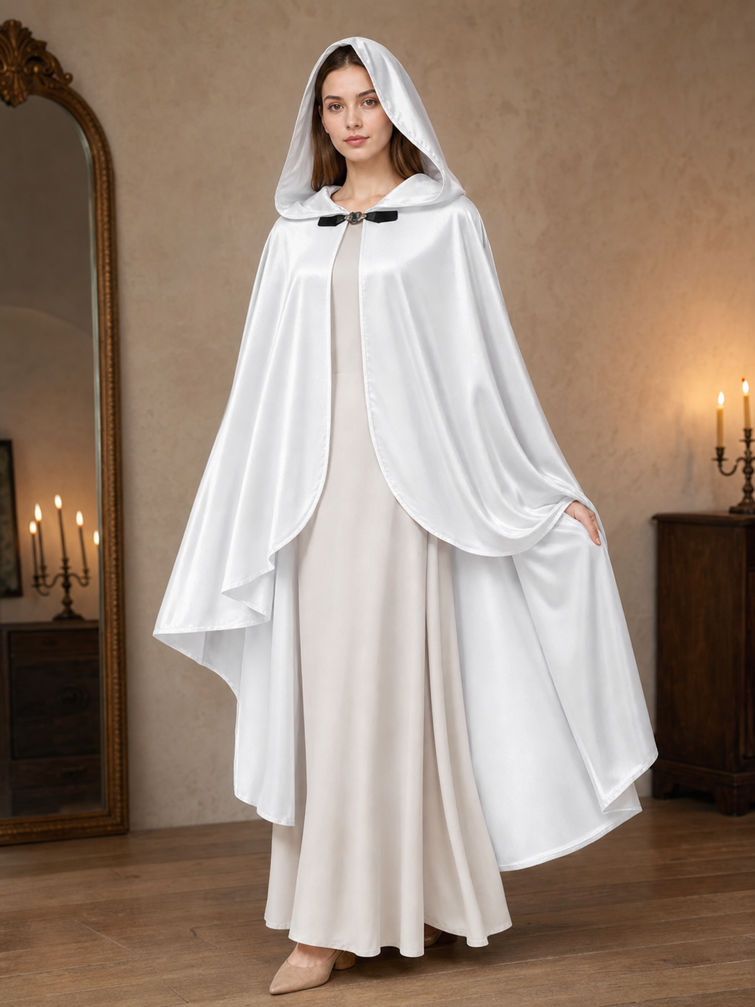 White Hooded Costume Cloak, Flowing Silhouette