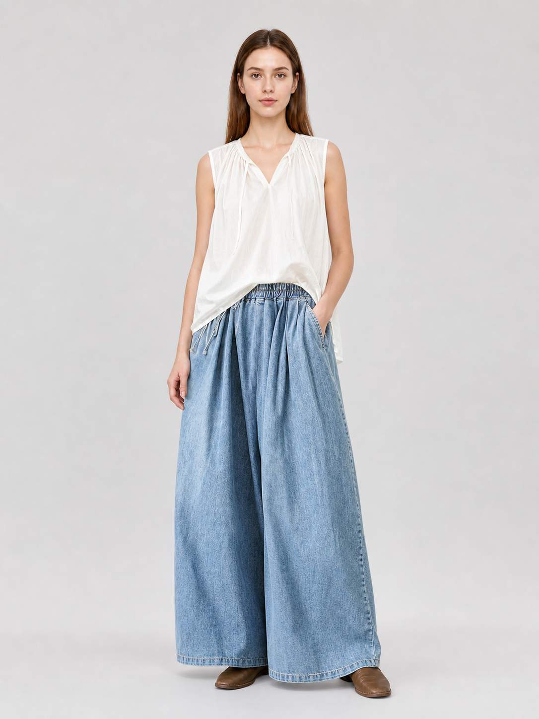 Light Blue Palazzo Pants with an Elastic Waist on-model view