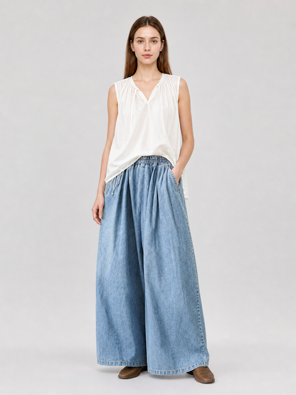 Light Blue Palazzo Pants with an Elastic Waist on-model view