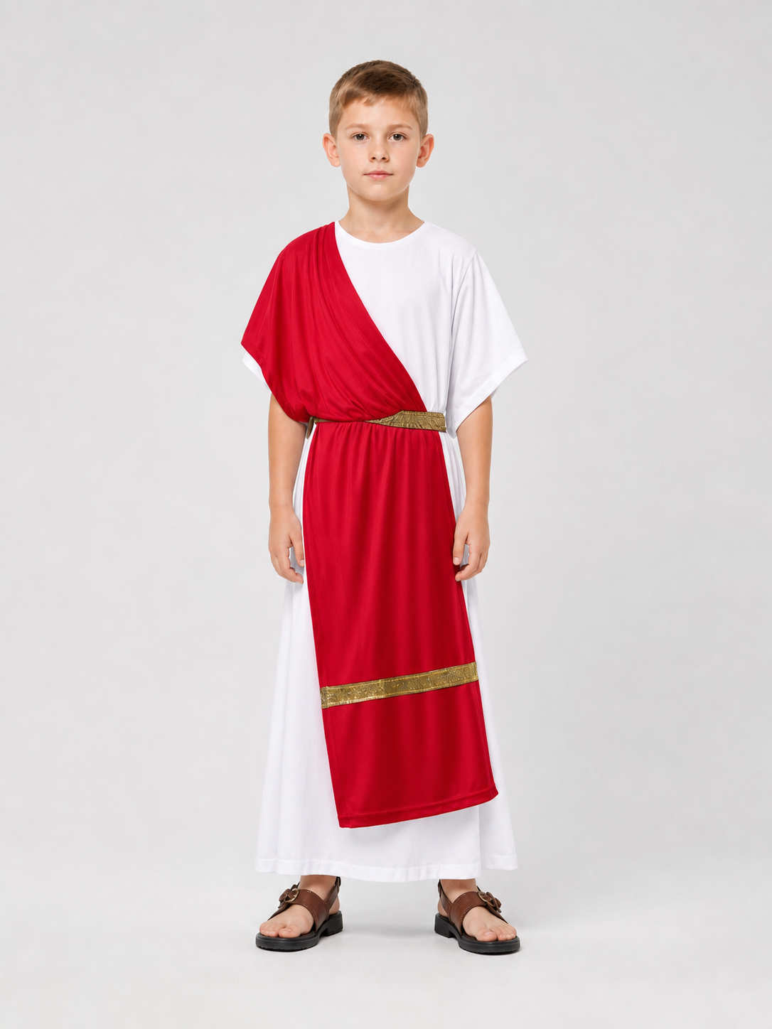 Ancient Greek Costume with Red and Gold Ribbons on-model view 4