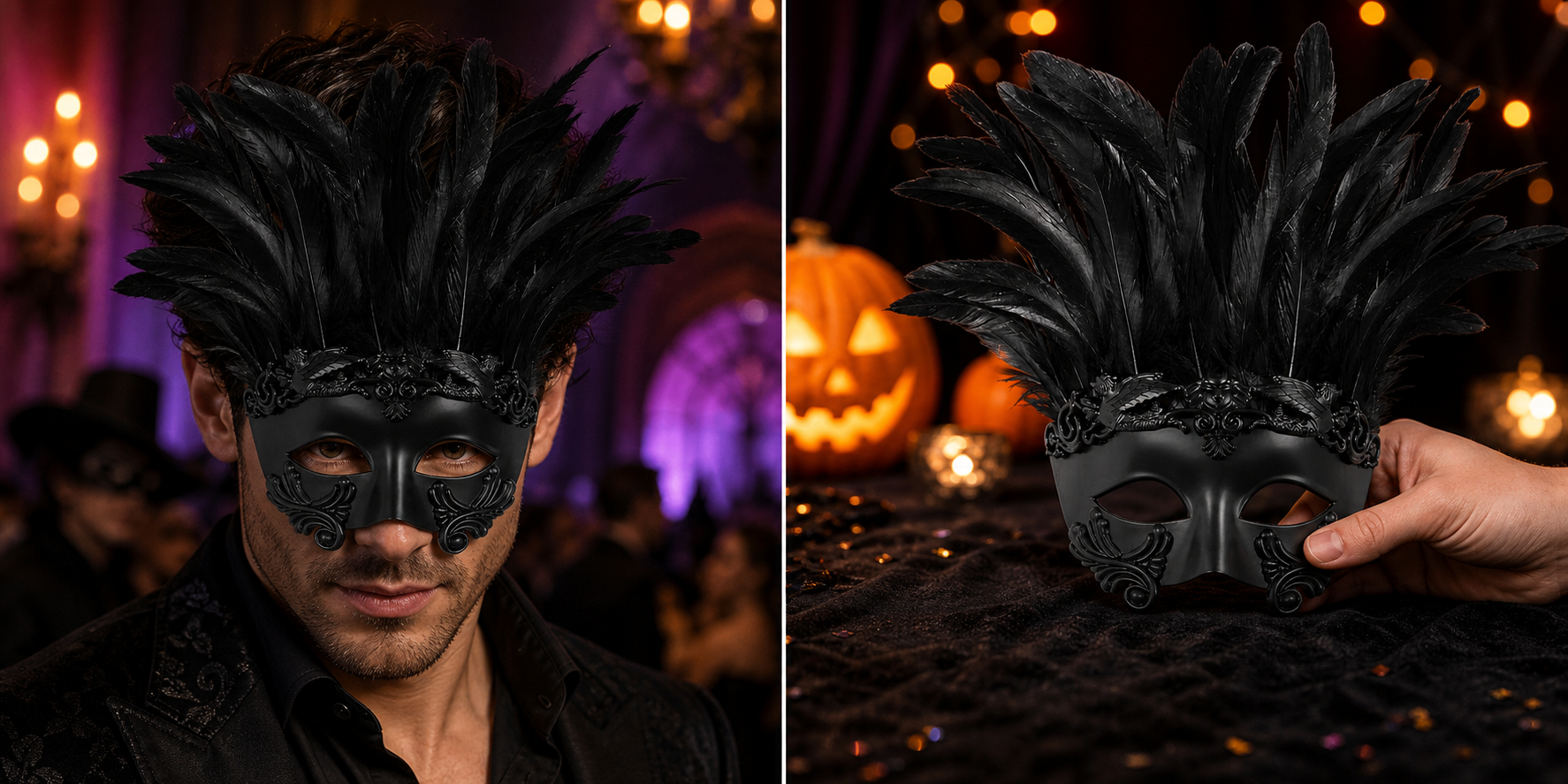 Black Venetian Feather Mask for Masquerade