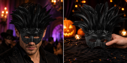 Black Venetian Feather Mask for Masquerade