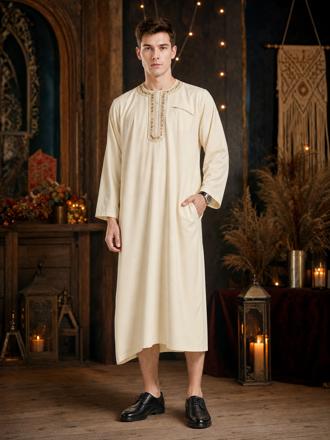 Men's Traditional Muslim Long Robe, Cream Ivory Ankle-Length Design with Embroidered Chest Placket and Long Sleeves for Formal Gatherings