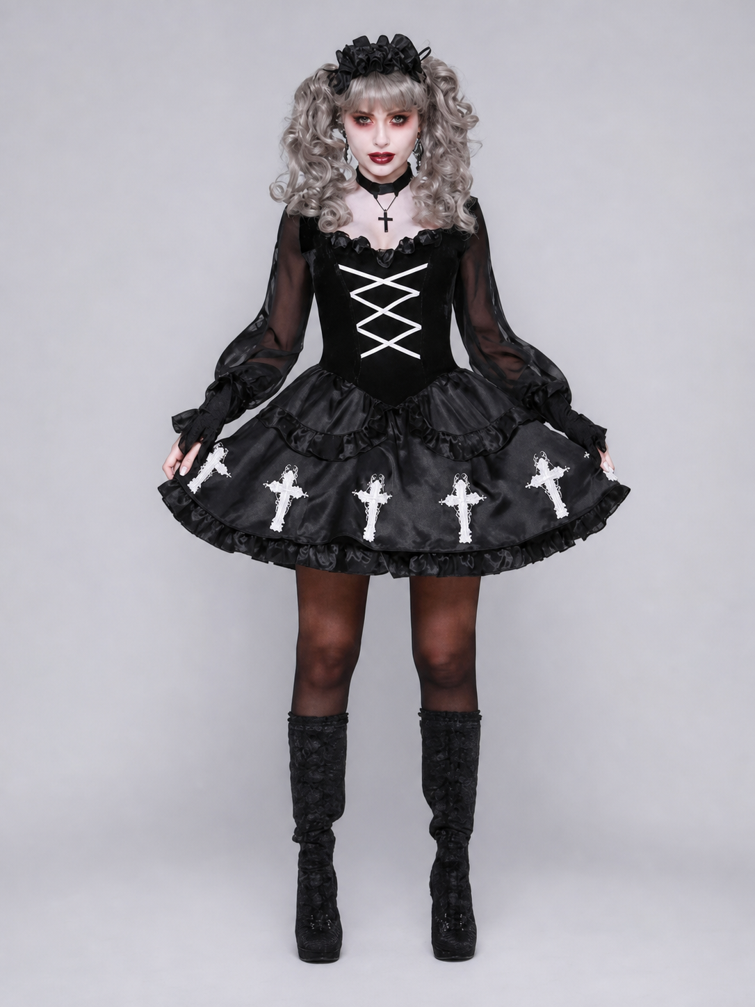 Gothic Dress with Crosses and a Pleated Headpiece