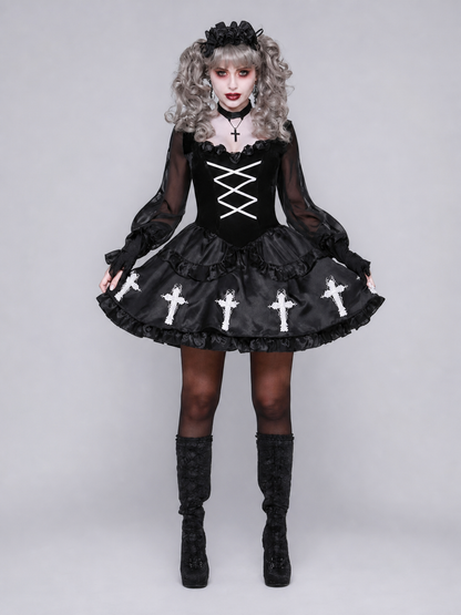 Gothic Dress with Crosses and a Pleated Headpiece