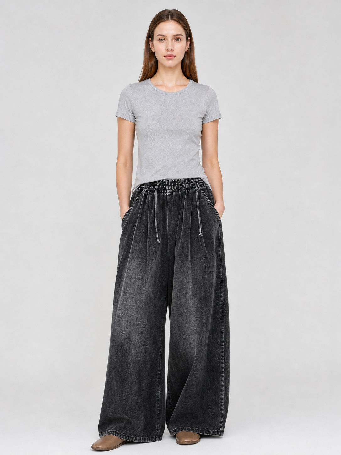 Black wide-leg denim pants with drawstring