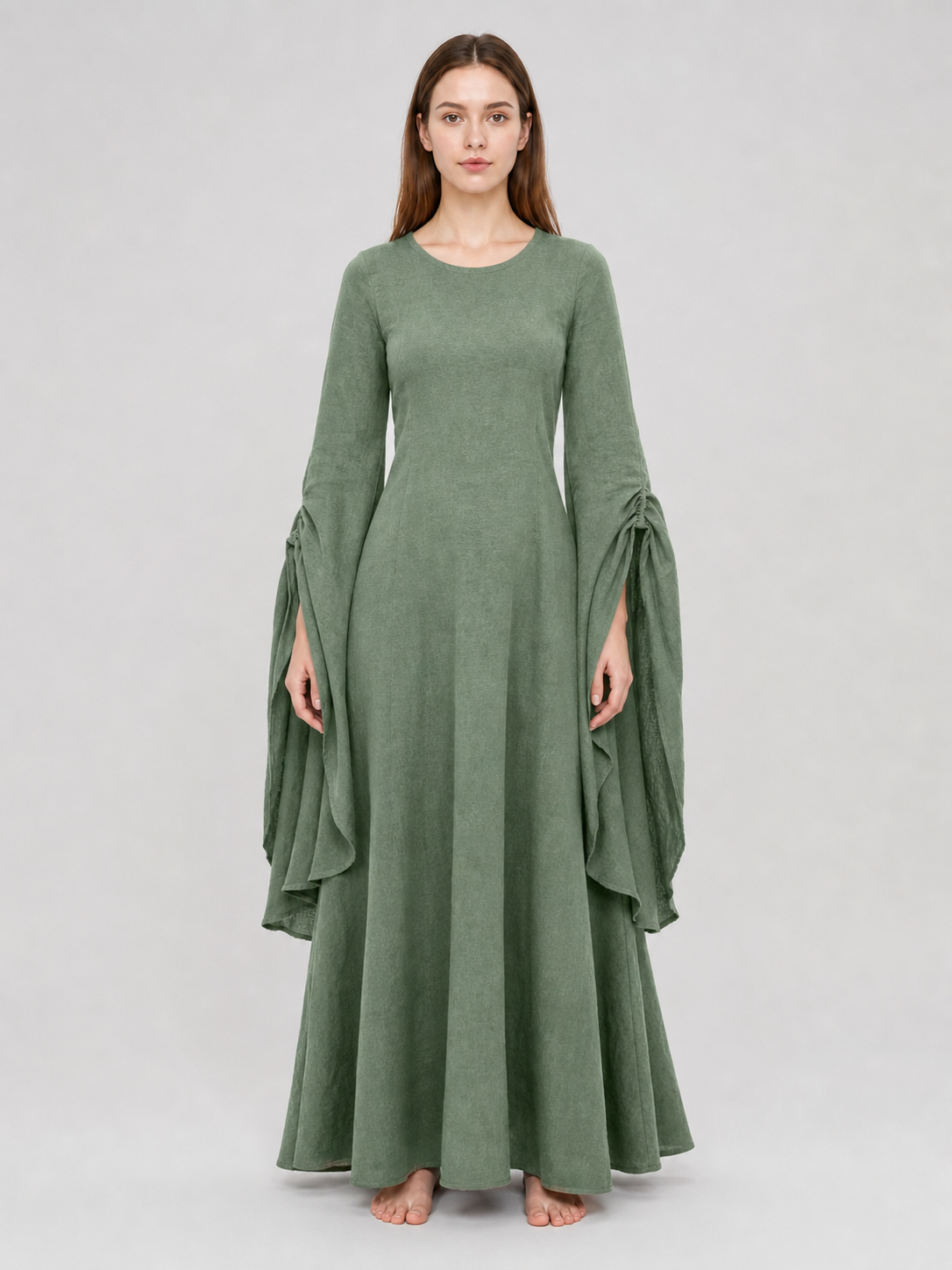 Long Green Retro-Style Belted Dress