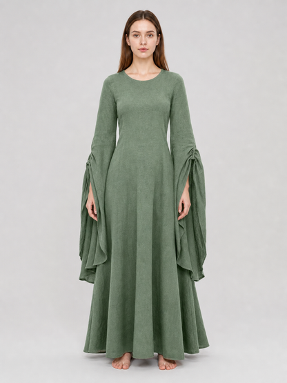 Long Green Retro-Style Belted Dress