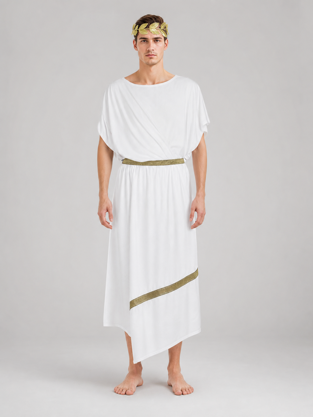 Adult Men's Ancient Greek Costume Set, 3pcs Draped Robe With Gold Trim, Waist Belt And Laurel Wreath For Cosplay Theme Parties