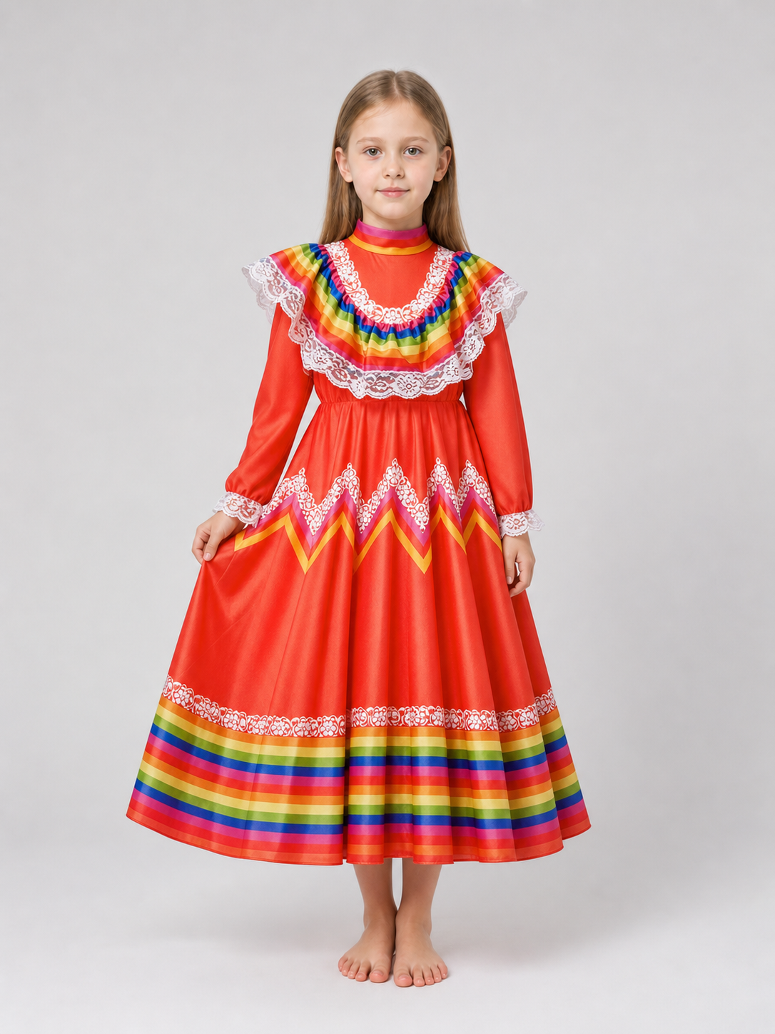 Folk Dress with Ruffles and Rainbow Inserts