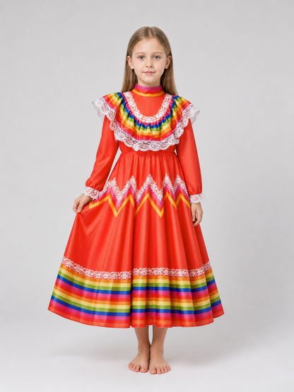Folk Dress with Ruffles and Rainbow Inserts