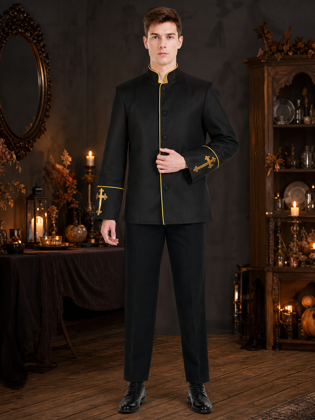 Black stand-collar jacket with gold trim
