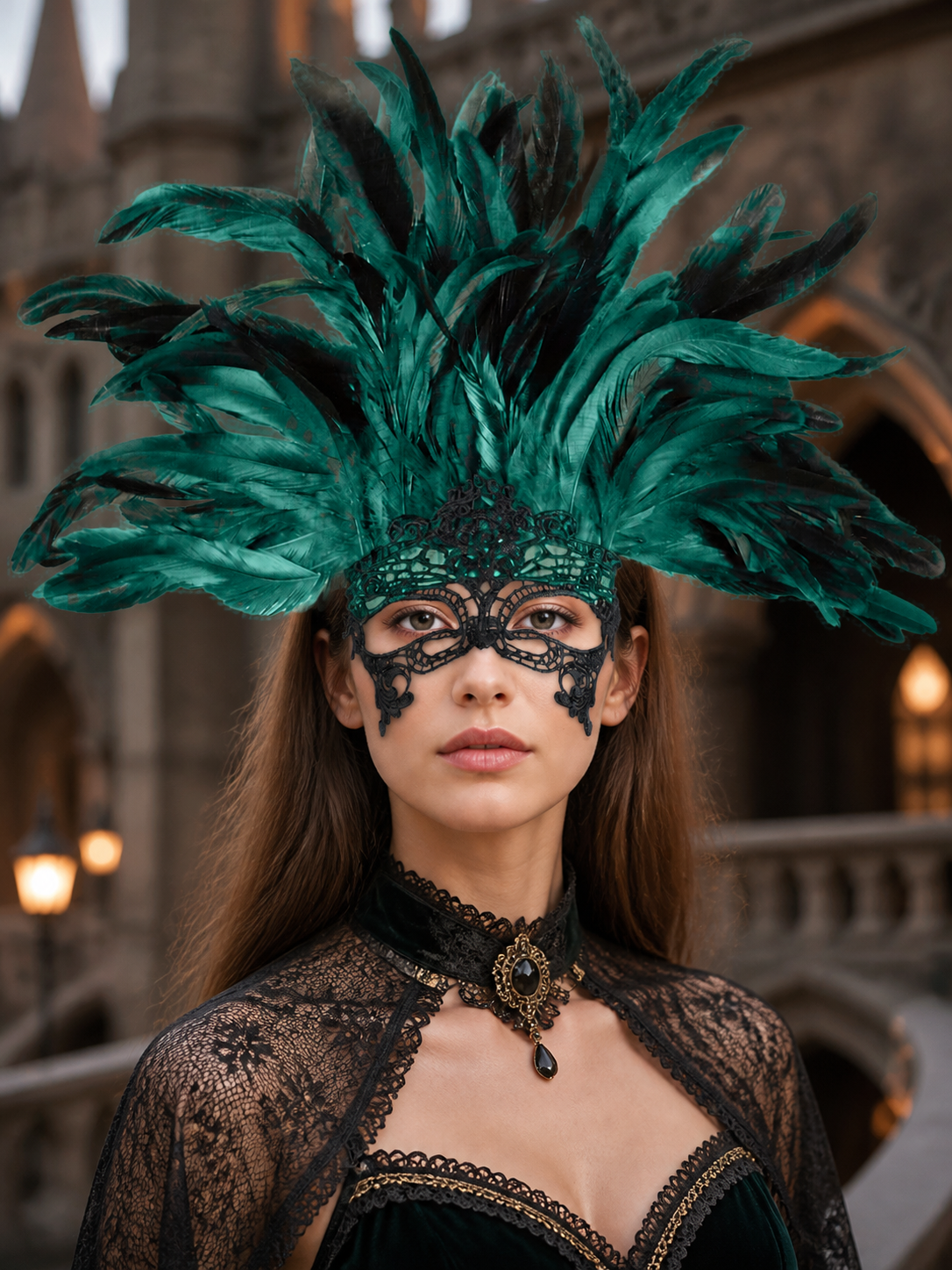 1pc Green Feather Headpiece With Black Lace Eye Mask, Exaggerated Party Style on-model view 2
