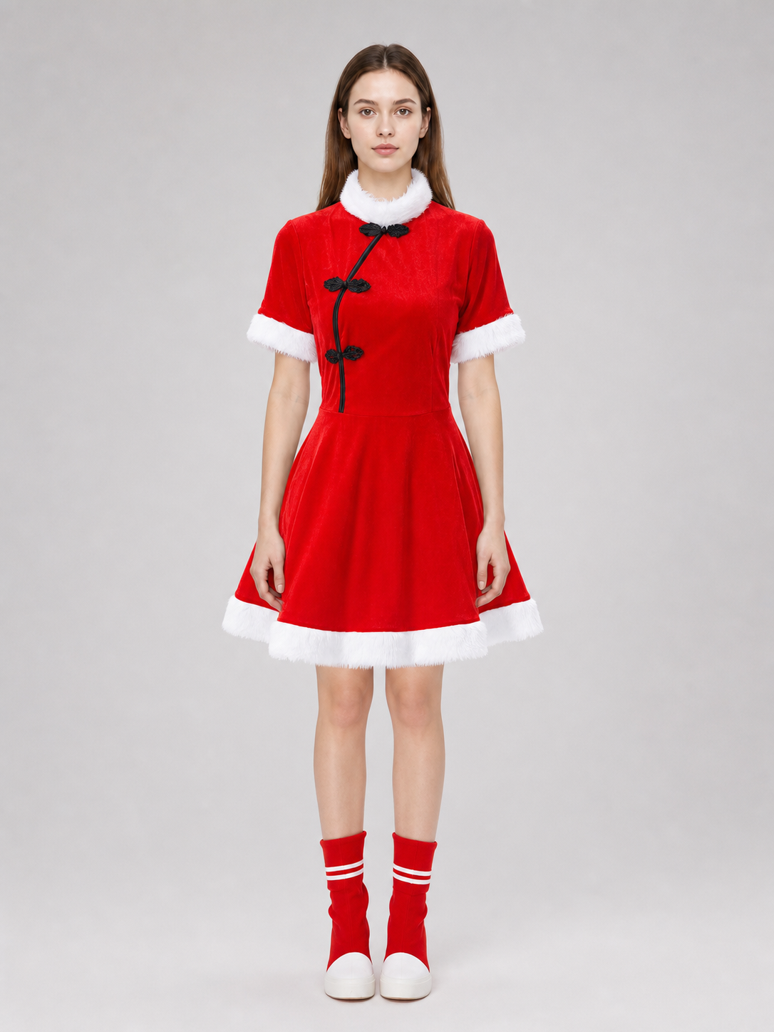 Bright festive dress in Chinese style with a cape