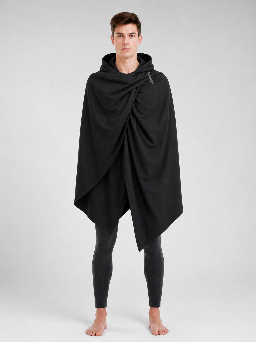 Black hooded cloak with metal clasps