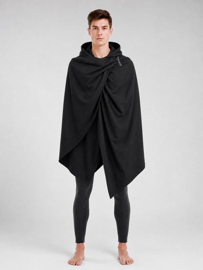 Black hooded cloak with metal clasps