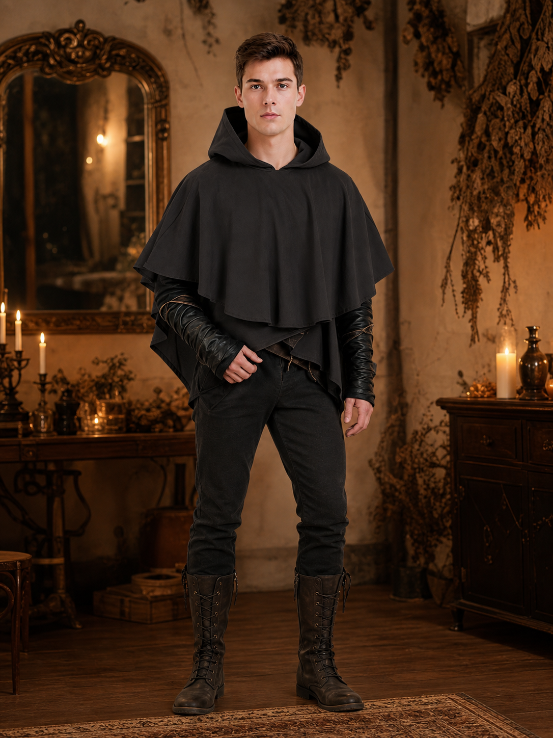 Dark Medieval Fantasy Hooded Cloak Gray Loose-Fitting Cape-Like Poncho With Oversized Hood For Cosplay Role-Playing Attire