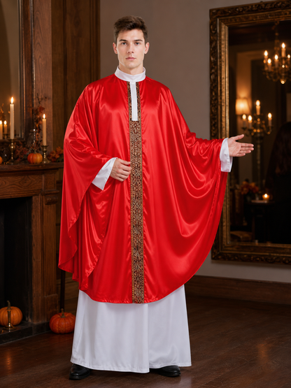Papal-Style Ceremonial Costume Set With Red Robe, White Undergarment And Pointed Mitre Hat For Stage, Film And Themed Events