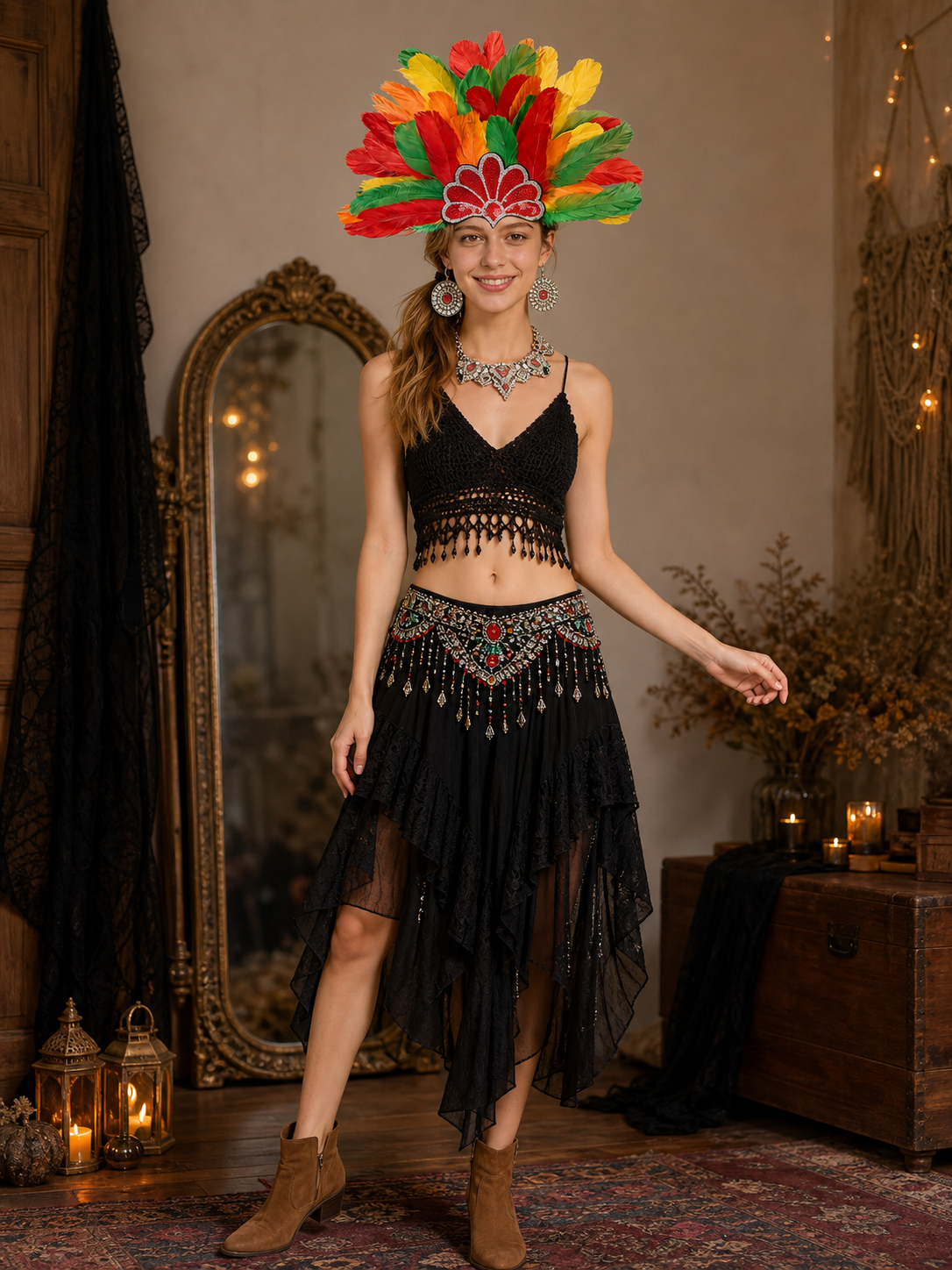 Carnival Headpiece with Multicolored Feathers on-model view 2