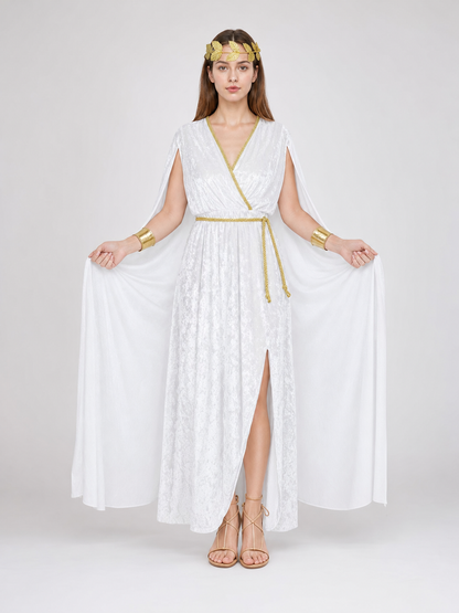 Women’s Greek Goddess Costume Dress, 4-Piece White Draped Outfit with Cape Panels, Leaf Crown Headband and Gold Wrist Cuffs for Cosplay Parties