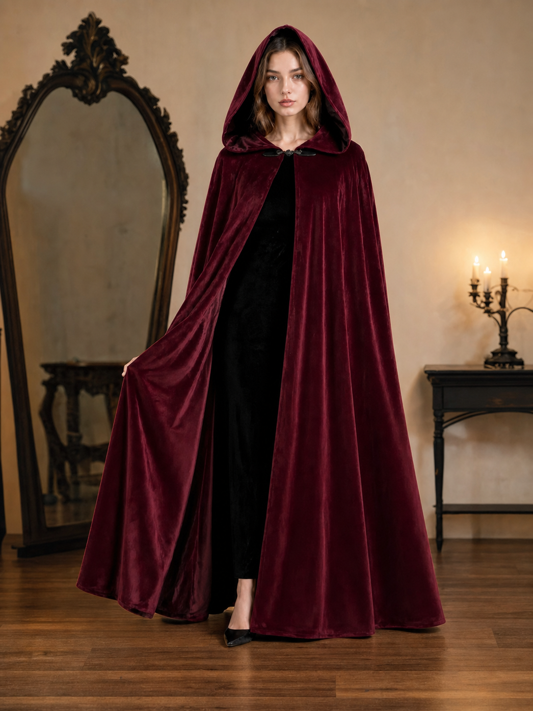 Burgundy Long Carnival Cloak with Hood