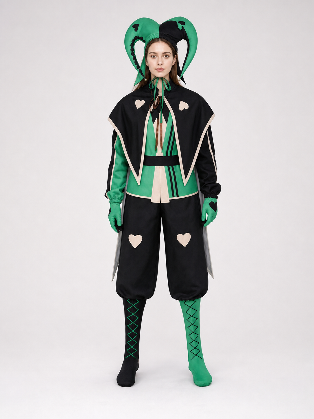 Theatrical clown jester costume in a black-and-green style for cosplay. The set is designed in an harlequin aesthetic and includes a black-and-green one-piece outfit with long sleeves, contrasting cream trim, and geometric panels. Heart-sha