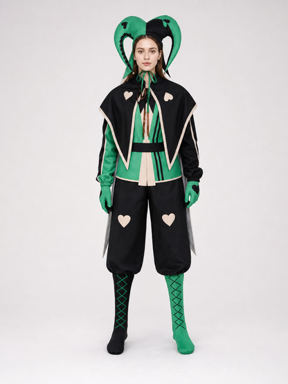 Theatrical clown jester costume in a black-and-green style for cosplay. The set is designed in an harlequin aesthetic and includes a black-and-green one-piece outfit with long sleeves, contrasting cream trim, and geometric panels. Heart-sha