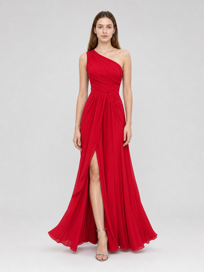 Red Asymmetrical Maxi Evening Dress with Train