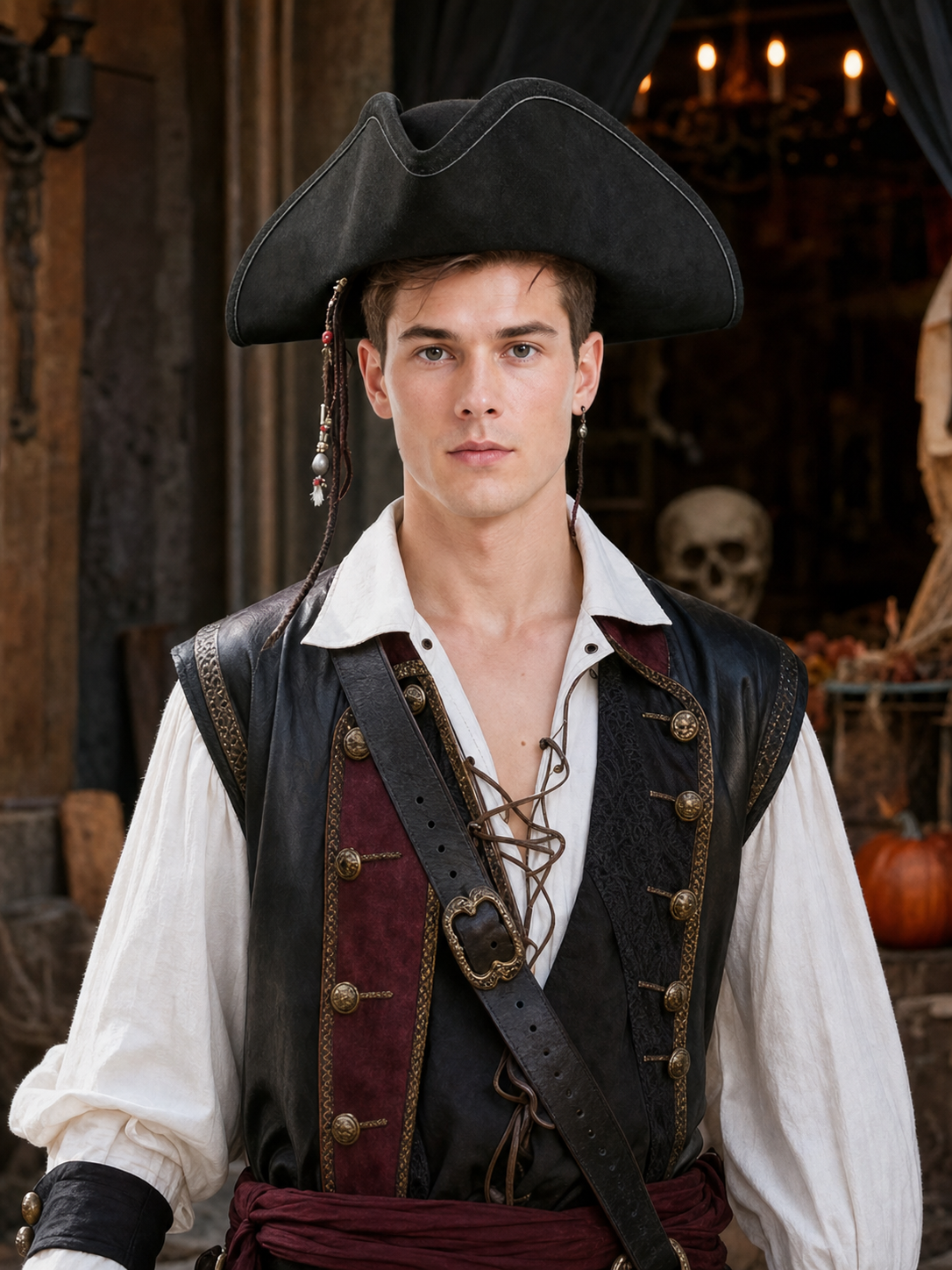 Black Pirate Hat, Large Three-Cornered Tricorn Costume Hat with Wide Brim and Structured Crown for Cosplay, Stage Performances and Pirate-Themed Parties