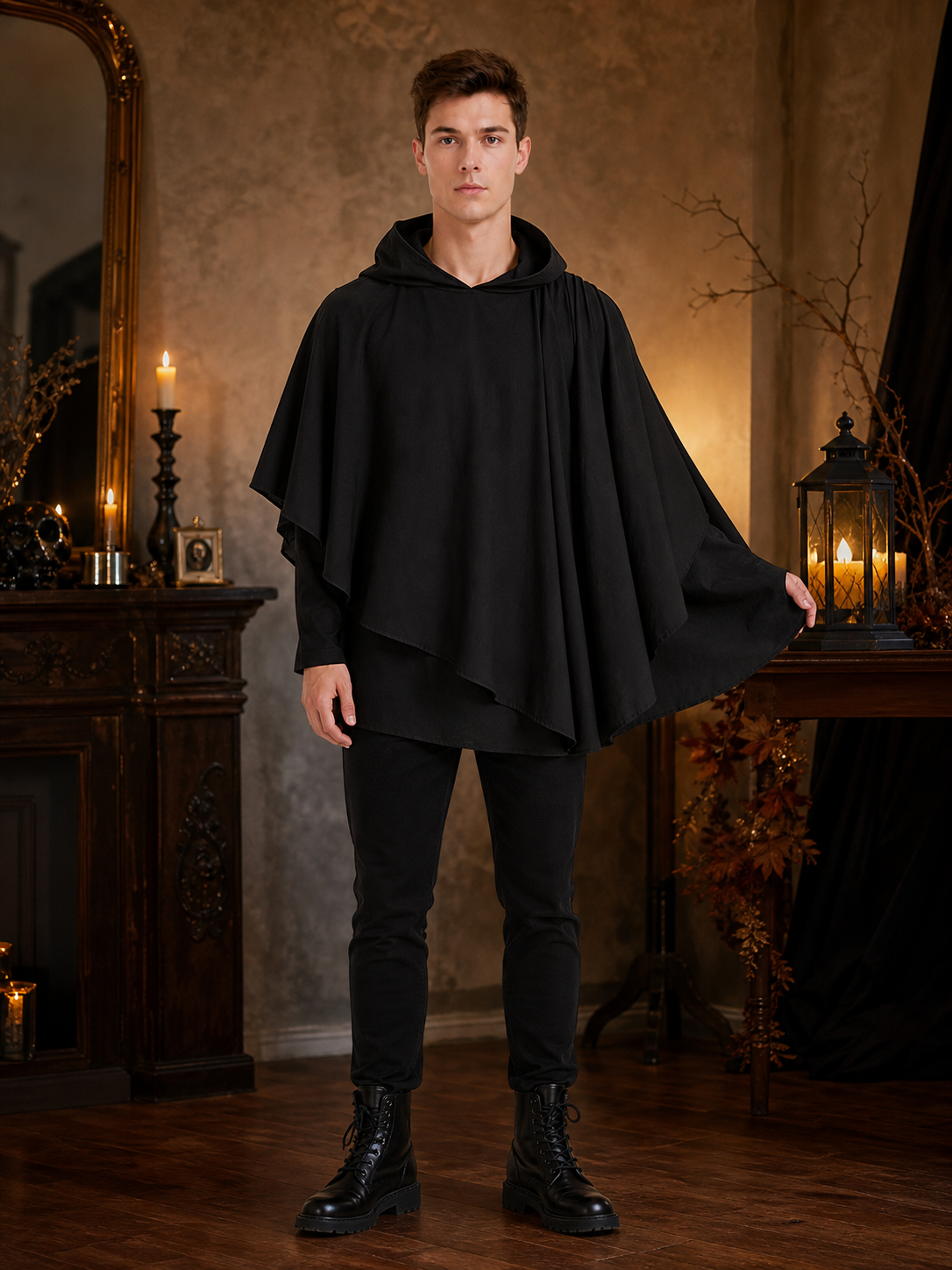 Women's Gothic Hooded Cape Cloak for Halloween Cosplay, Black Flowing Draped