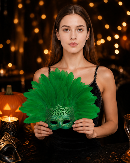 1pc Green Feather Mask, Large Feather Fan Shape, Cutout Eye Design, Elegant on-model view