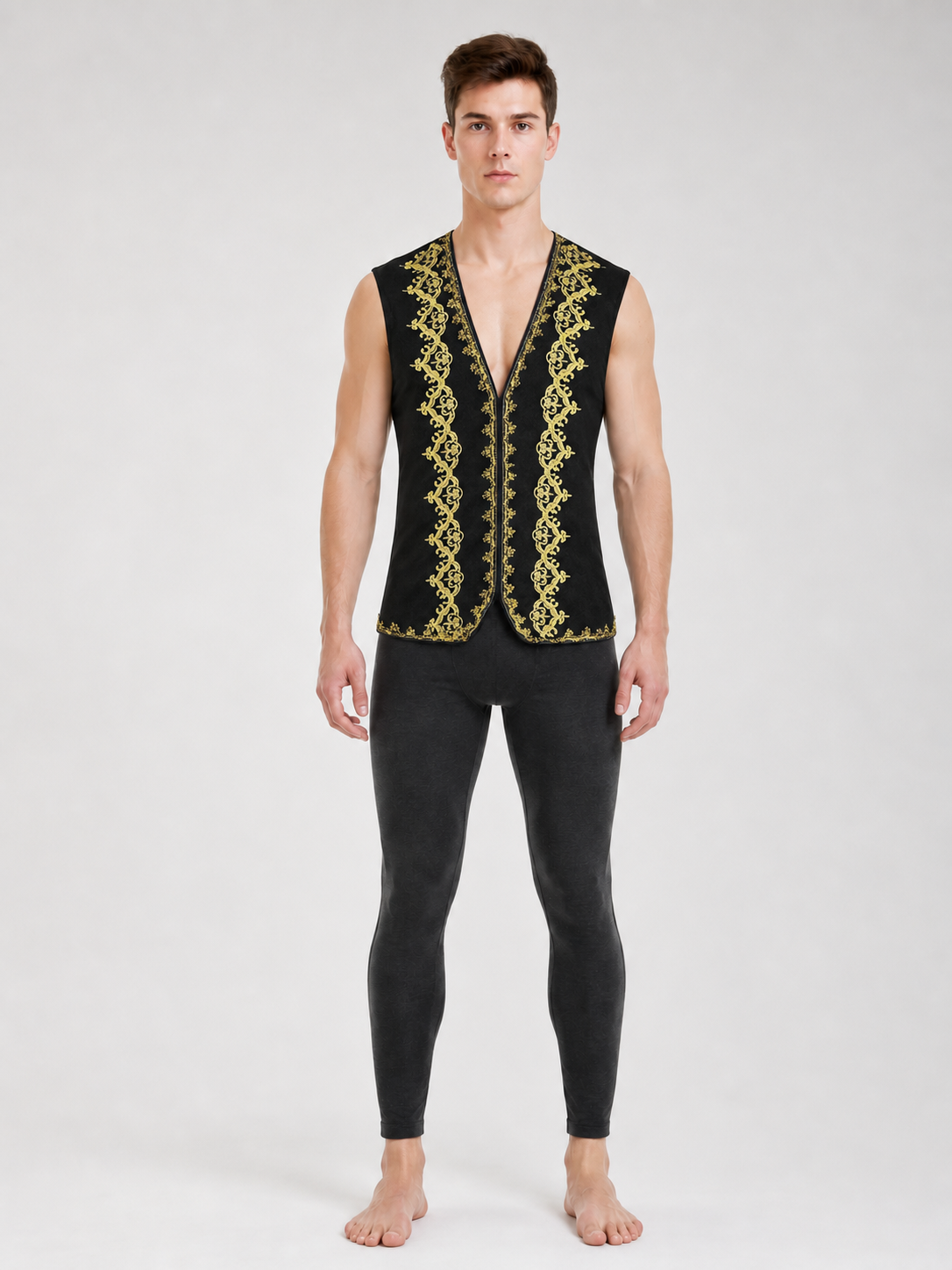 Black sleeveless vest with gold trim