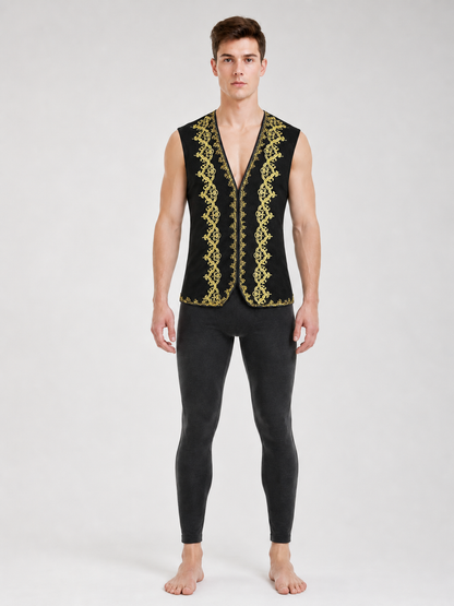 Black sleeveless vest with gold trim